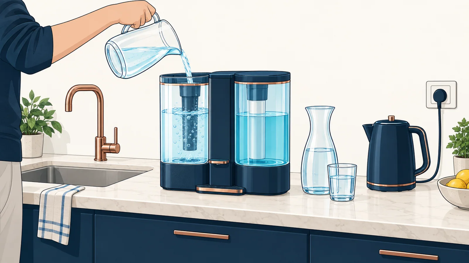 A two-chamber countertop purifier on a kitchen counter, filled by hand and plugged into the wall, with no plumbing