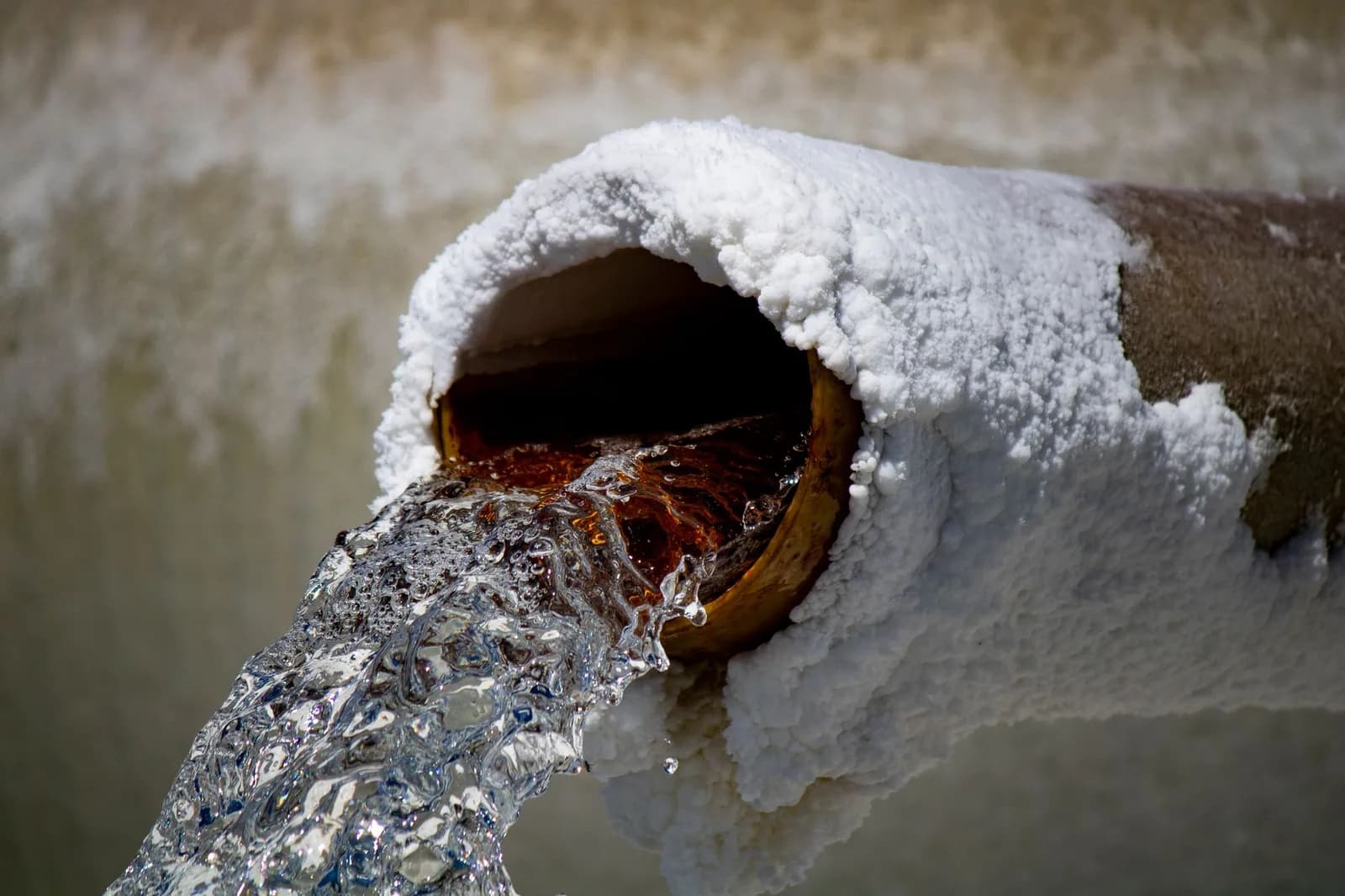 Water running from a heavily rusted outdoor pipe, stained orange where it flows