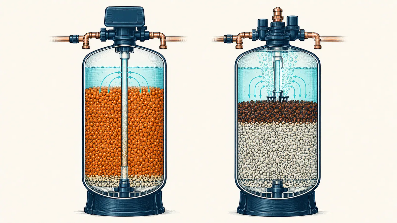 Cutaway of a softener with iron-fouled resin beside an iron filter whose media bed is clean