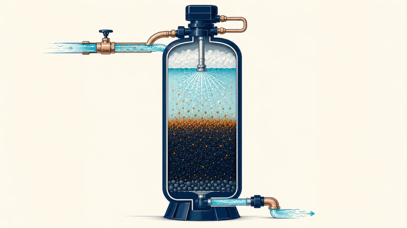 Cutaway of an air-injection iron filter showing water passing through an air pocket at the top of the tank, iron particles oxidizing and settling on the media bed below