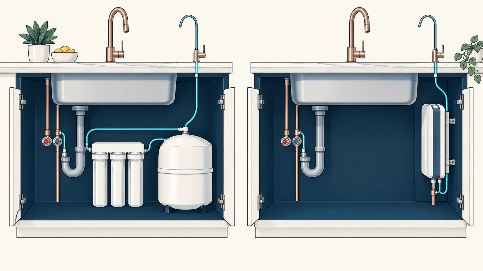 Cutaway of two sink cupboards, one filled by a storage tank, the other holding a slim wall-mounted unit