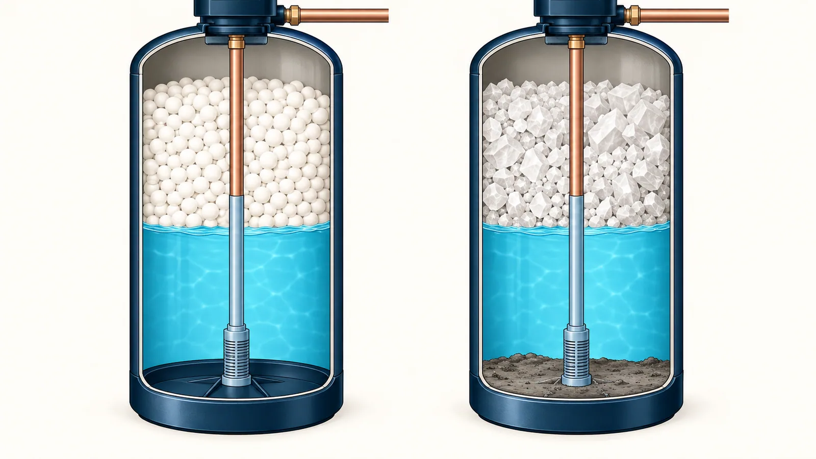 Cutaways of two brine tanks, one holding smooth uniform pellets over a clean bottom, the other holding angular crystals over a thin layer of grey sludge