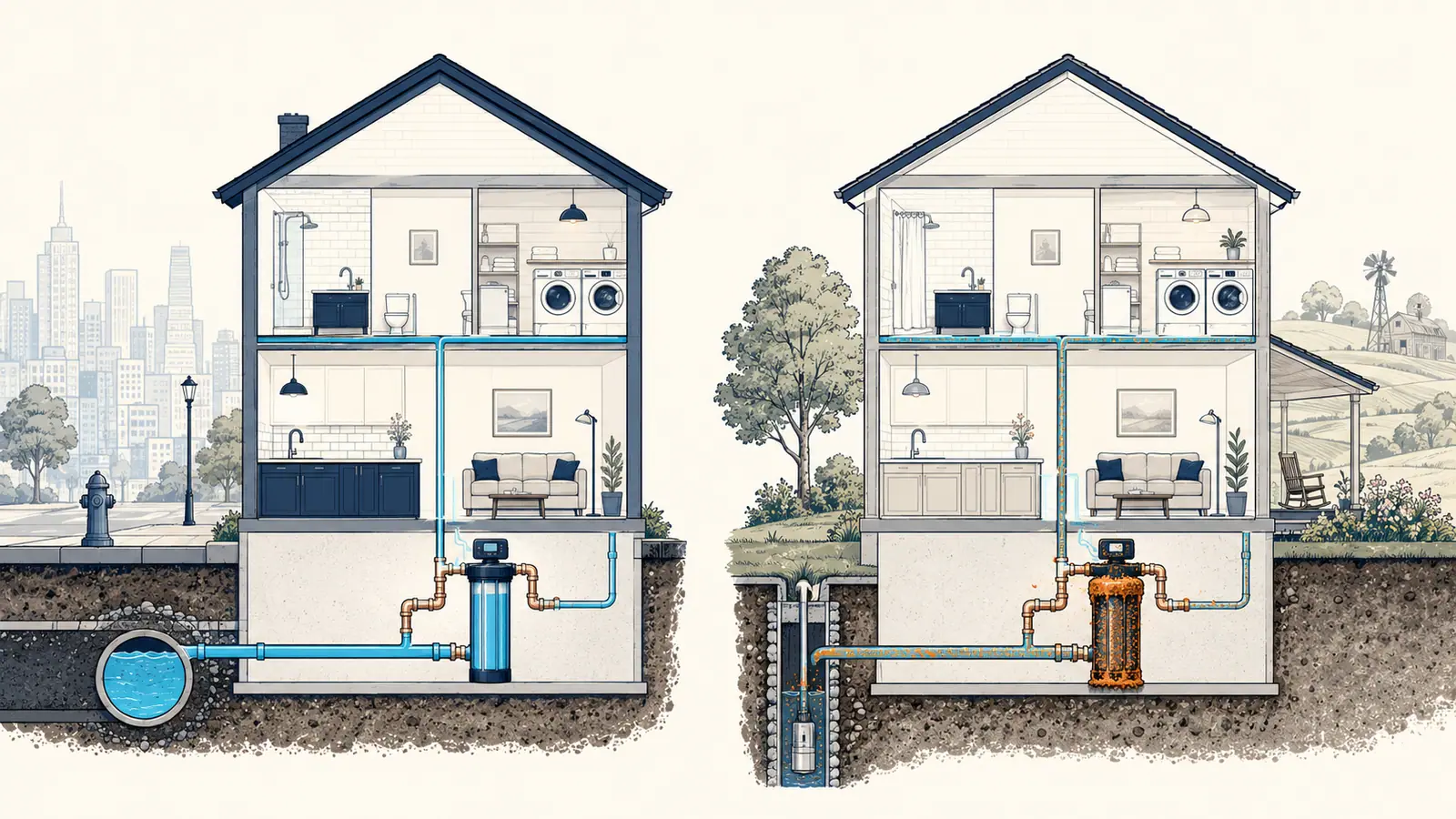 Two houses: a city home with a clean conditioner, and a well-water home with a conditioner fouled by iron