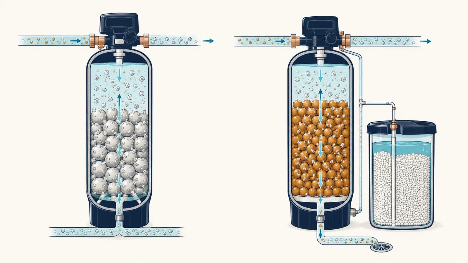 Side-by-side cutaway of a salt-free conditioner, where minerals crystallize and pass through, and a salt-based softener, where minerals are captured by resin and flushed to a drain