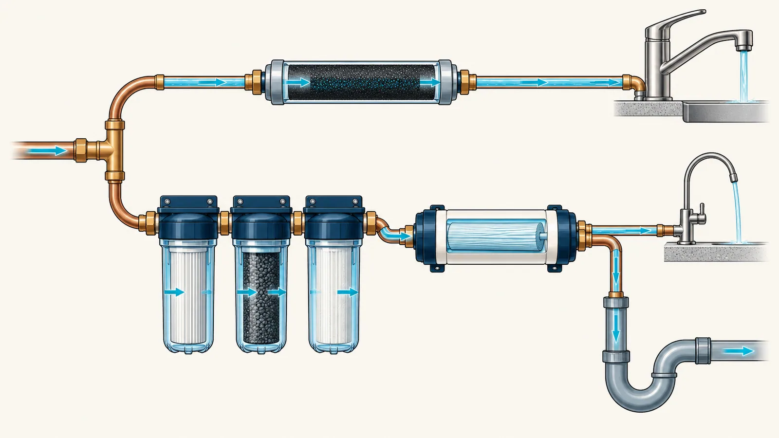 A forked diagram: one path through a carbon cylinder to the main tap, one through a membrane that also feeds a drain