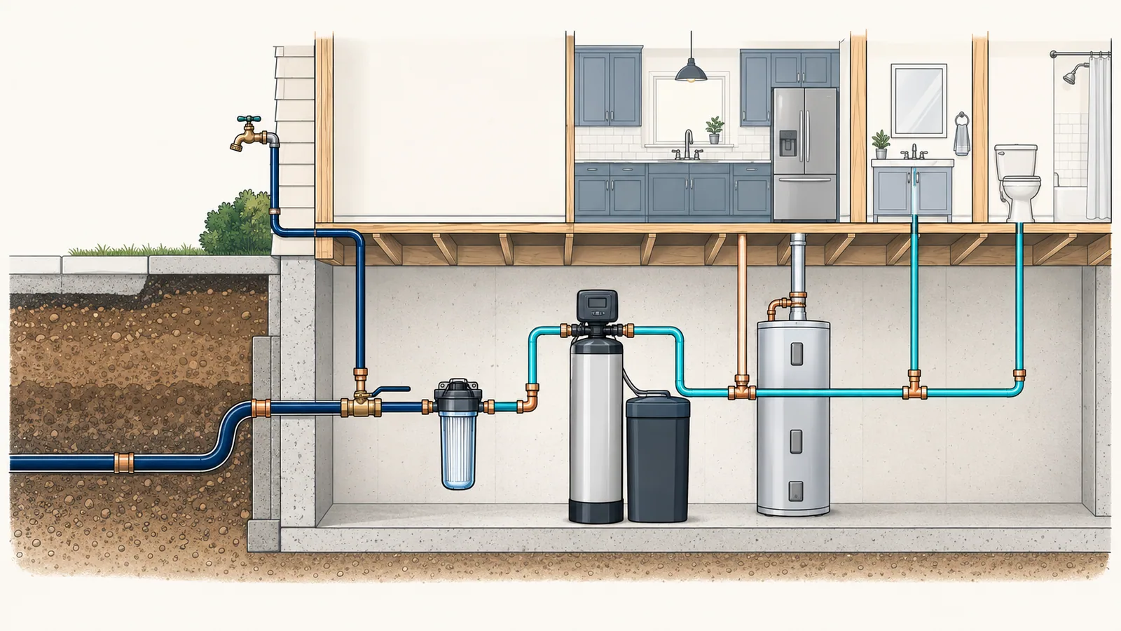 A basement plumbing layout with the softener after the main shutoff and filter, an outdoor tap branched off before it and the house fed after it