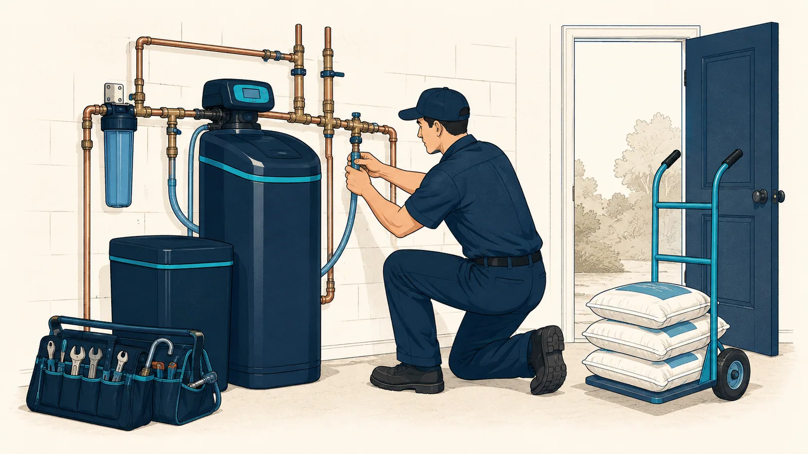 A service technician installing a water softener in a utility room, with tools and salt bags beside him