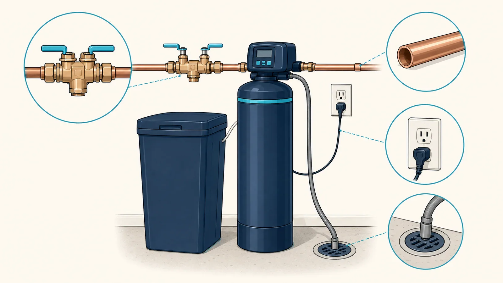 Installed water softener with each quoted element visually distinct: softener and brine tank, bypass valve, drain line, wall outlet, new copper pipe