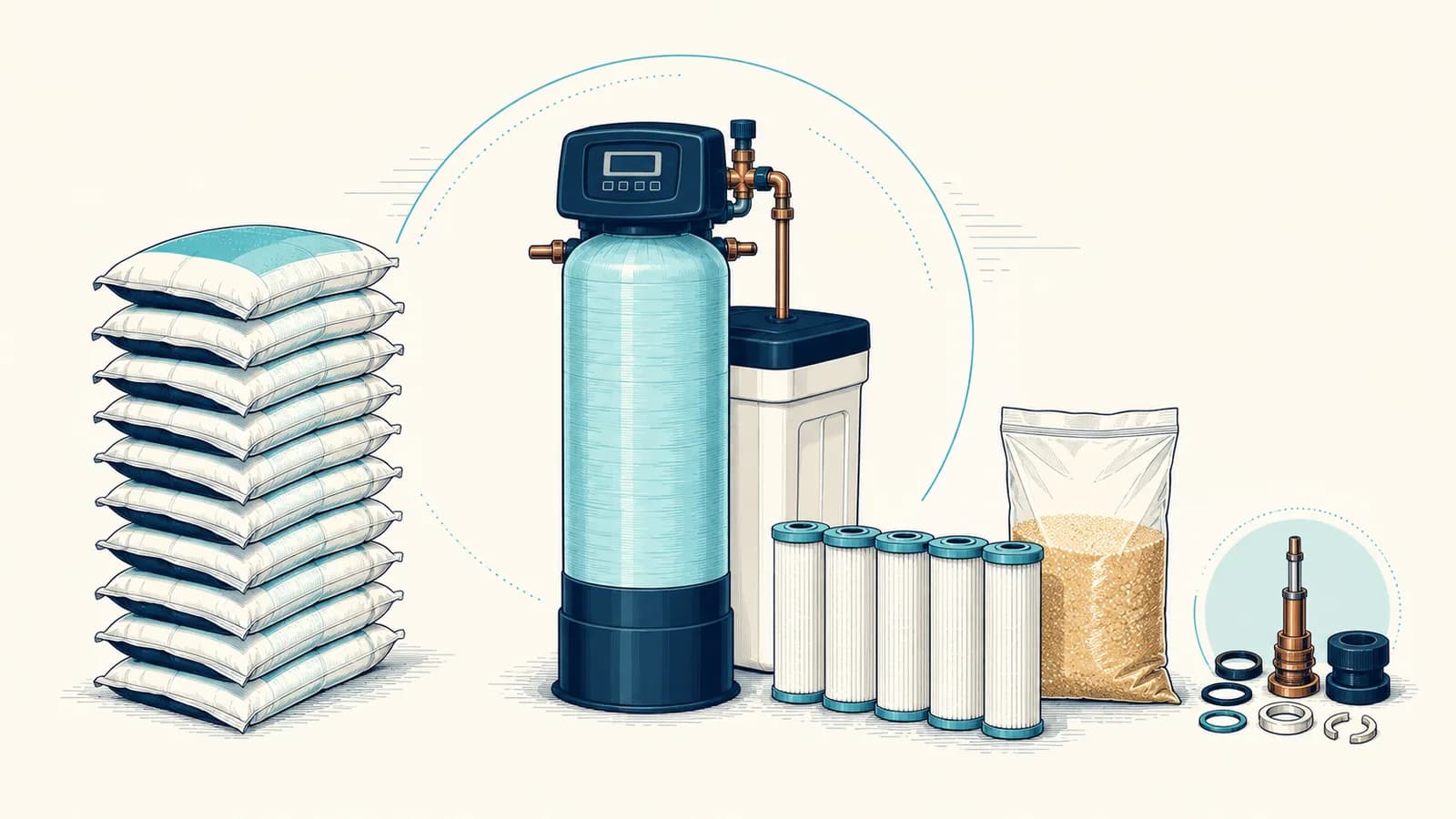 A water softener surrounded by ten years of consumables: a stack of salt bags, a row of filter cartridges, a bag of resin and a valve rebuild kit