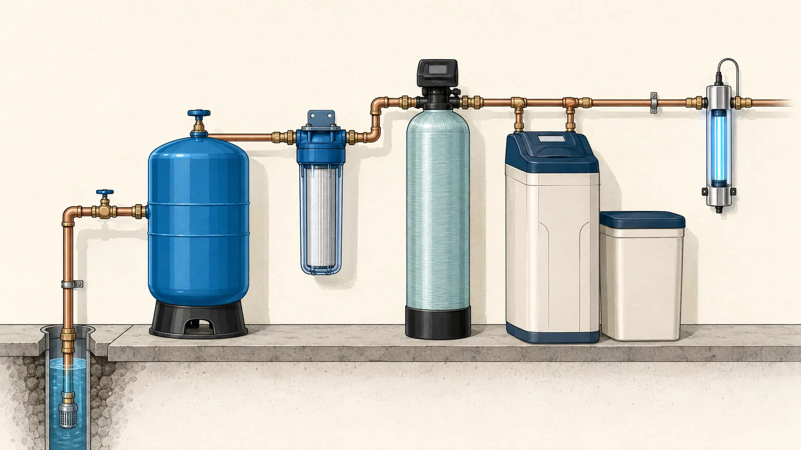 Well water treatment stages in a row: pressure tank, sediment filter, iron filter, softener with brine tank, and a UV sterilizer