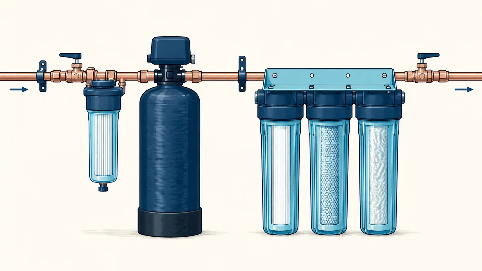 A tank-style whole house filter beside a three-housing cartridge-style system, both on copper pipe
