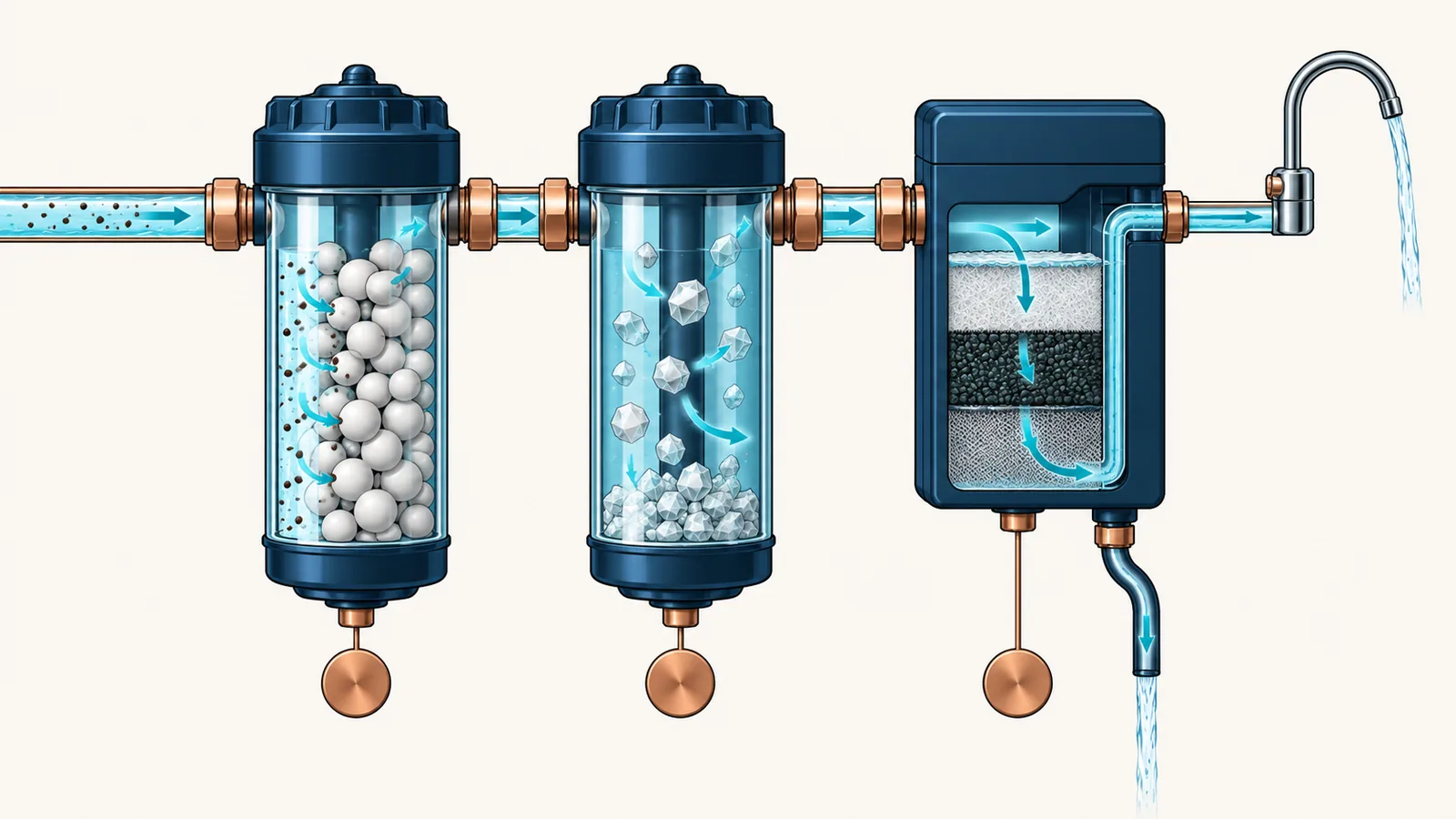 Three treatment vessels in a row: one capturing particles on beads, one forming crystals, one small unit feeding a single tap