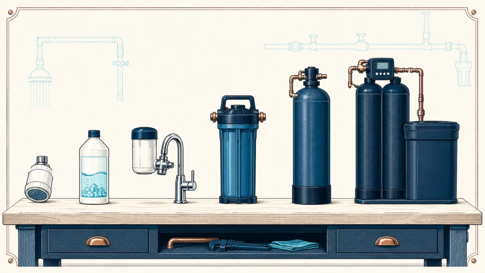 Six hard water fixes from a showerhead filter to a full water softener, arranged from smallest to largest