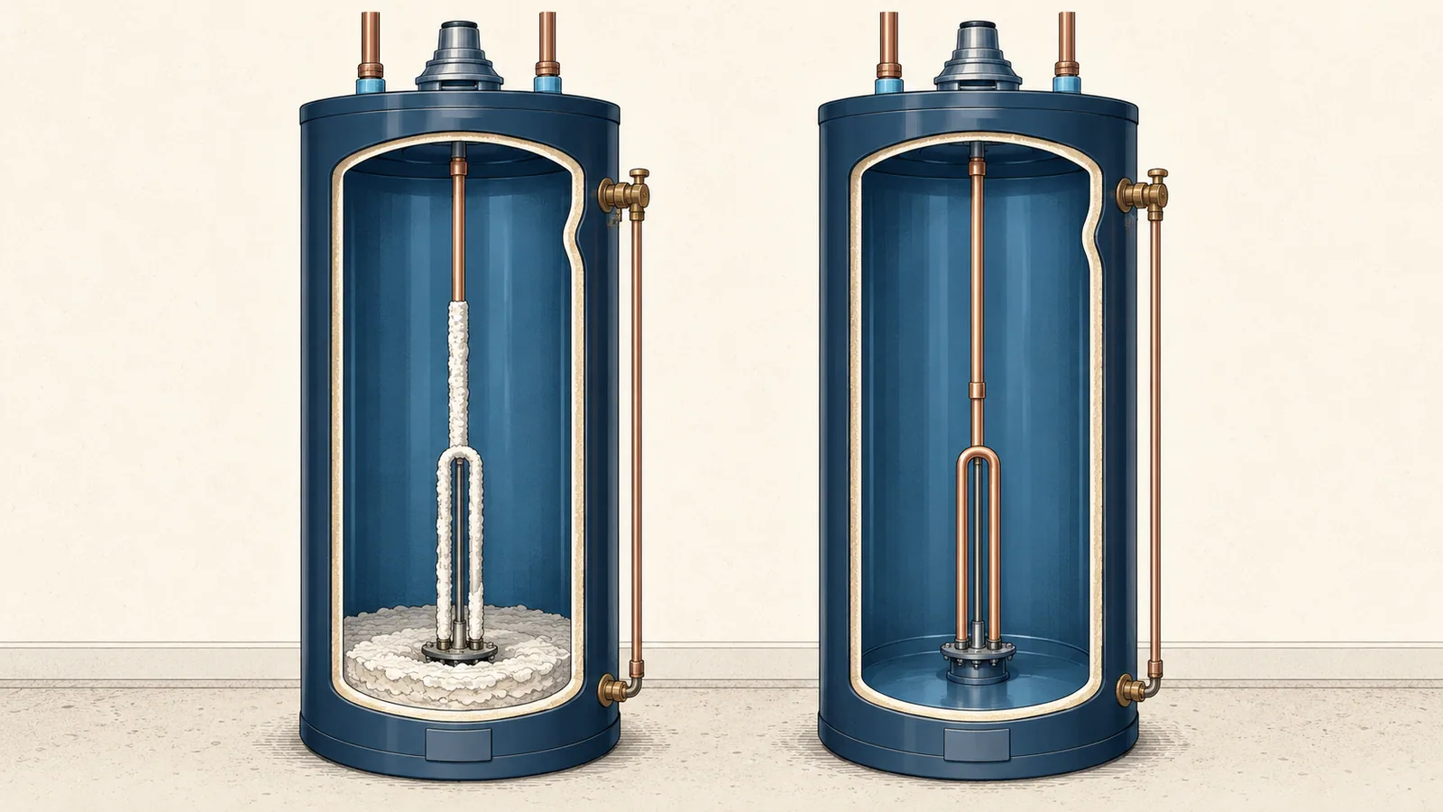 Two water heaters in cutaway: one with thick scale on the element and tank bottom, one clean