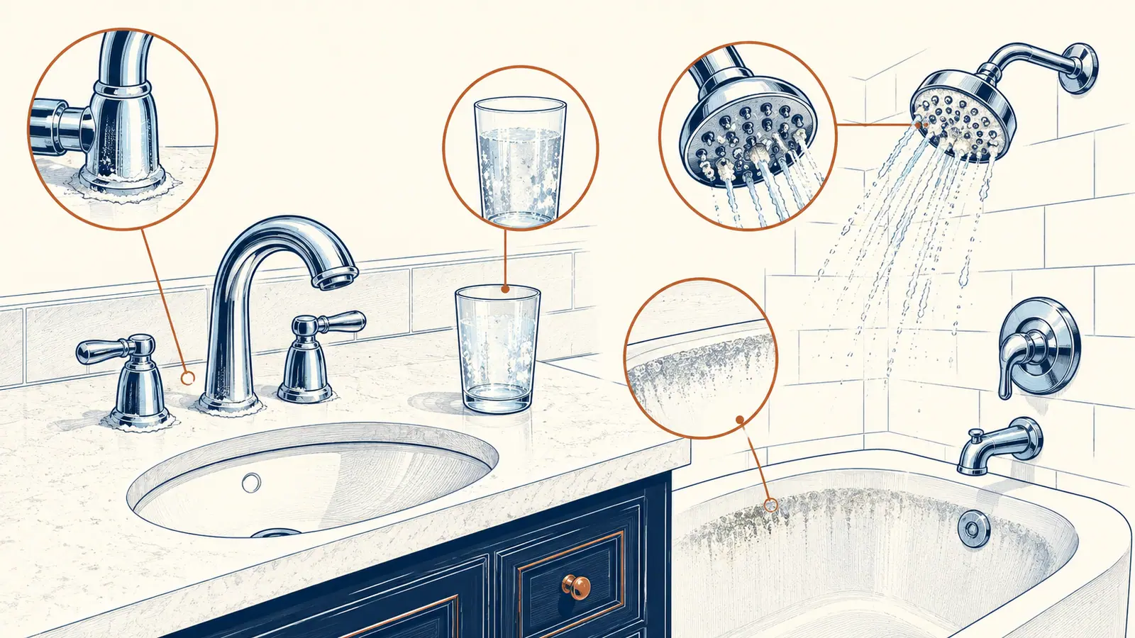 Bathroom scene with scale on a chrome faucet, spots on a glass, a soap scum ring in the tub and a clogged showerhead