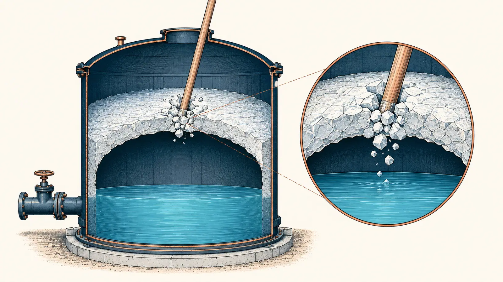 Cutaway of a brine tank with a hollow salt crust bridging above the water, and a broom handle breaking it