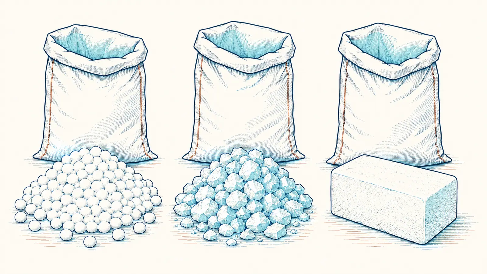 Three piles of softener salt: rounded pellets, irregular crystals, and a solid block, each with an open bag behind it