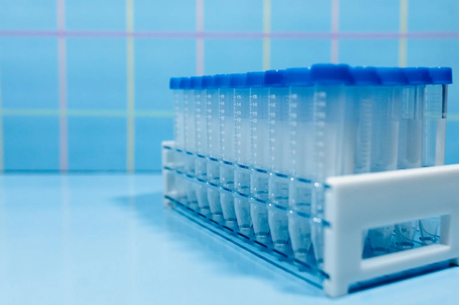 A rack of sealed sample tubes waiting for a laboratory water panel