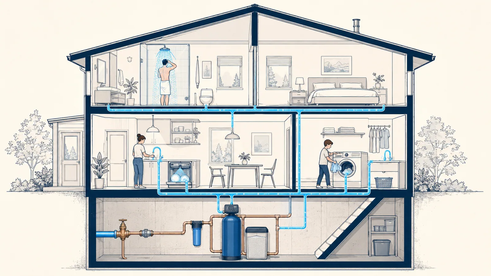 House cross-section with several fixtures running at once, water lines converging on a softener in the basement