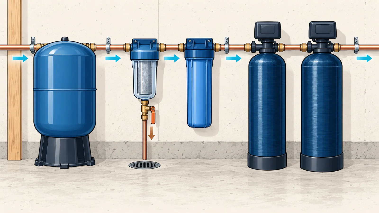 A basement pipe run in order: pressure tank, clear screen housing with a flush valve, cartridge housing, then two tanks