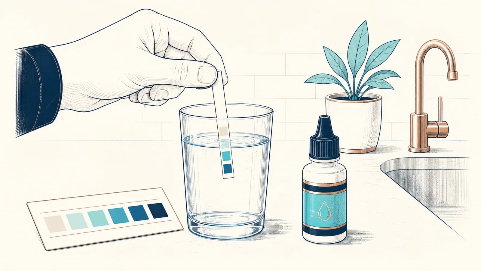 A test strip being dipped into a glass of tap water, with a color chart and a drop-count test kit beside it