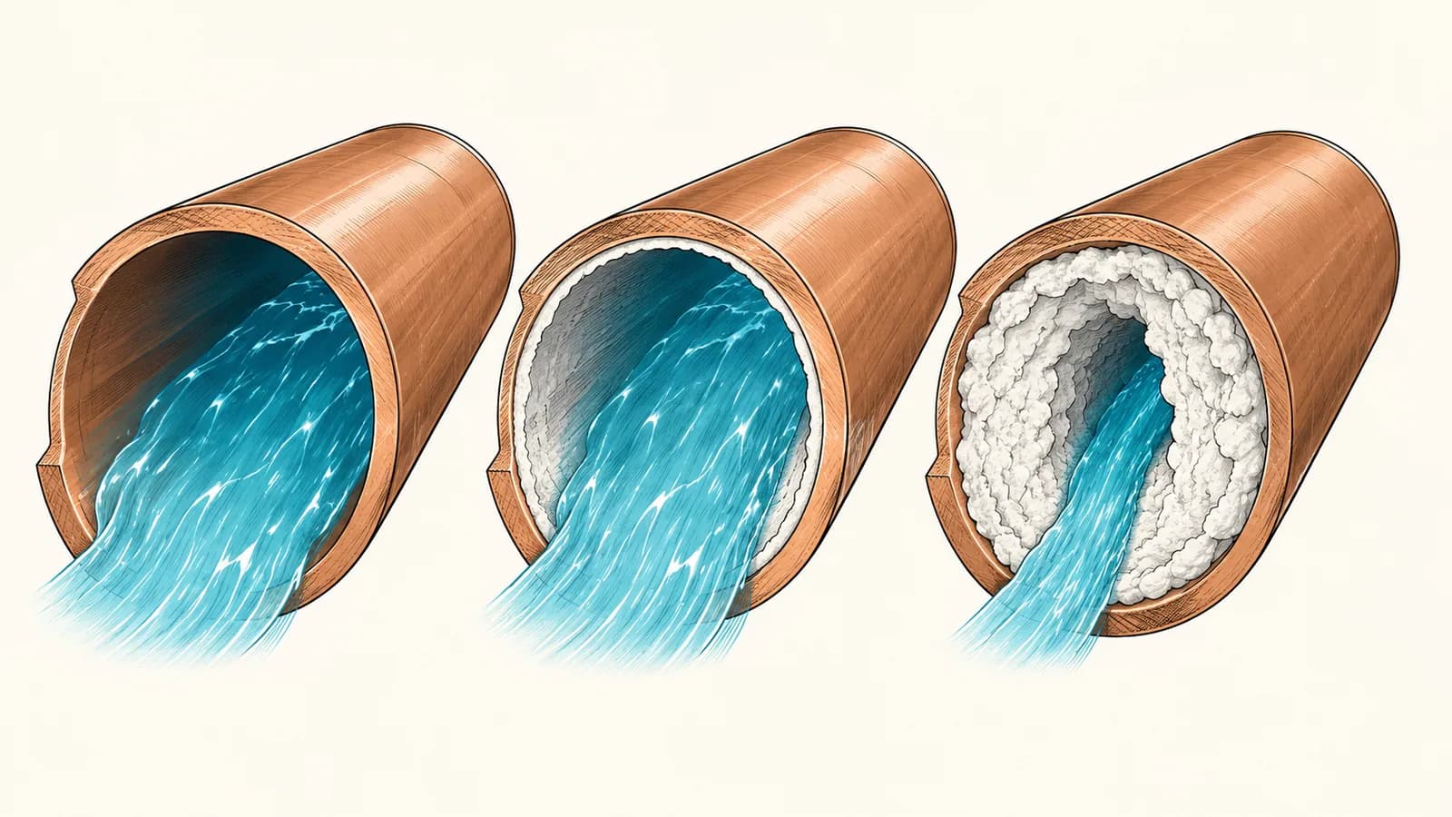 Three pipe cutaways showing scale building up on the inner wall until the channel is almost closed