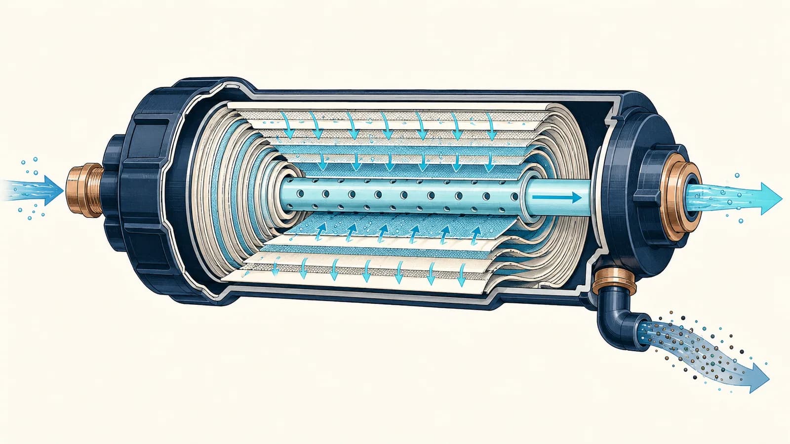 Cutaway of a reverse osmosis membrane: pressurized water enters, pure water collects in the center tube, rejected water leaves to a drain