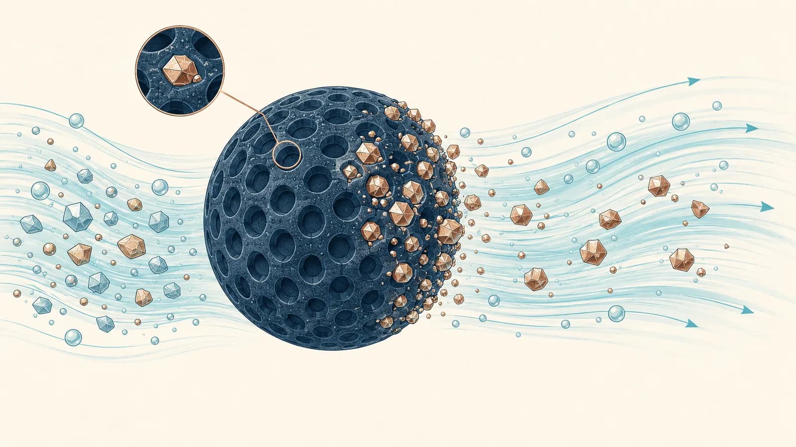 Close-up of a conditioning media bead with mineral crystals forming on its surface and drifting off in the water flow