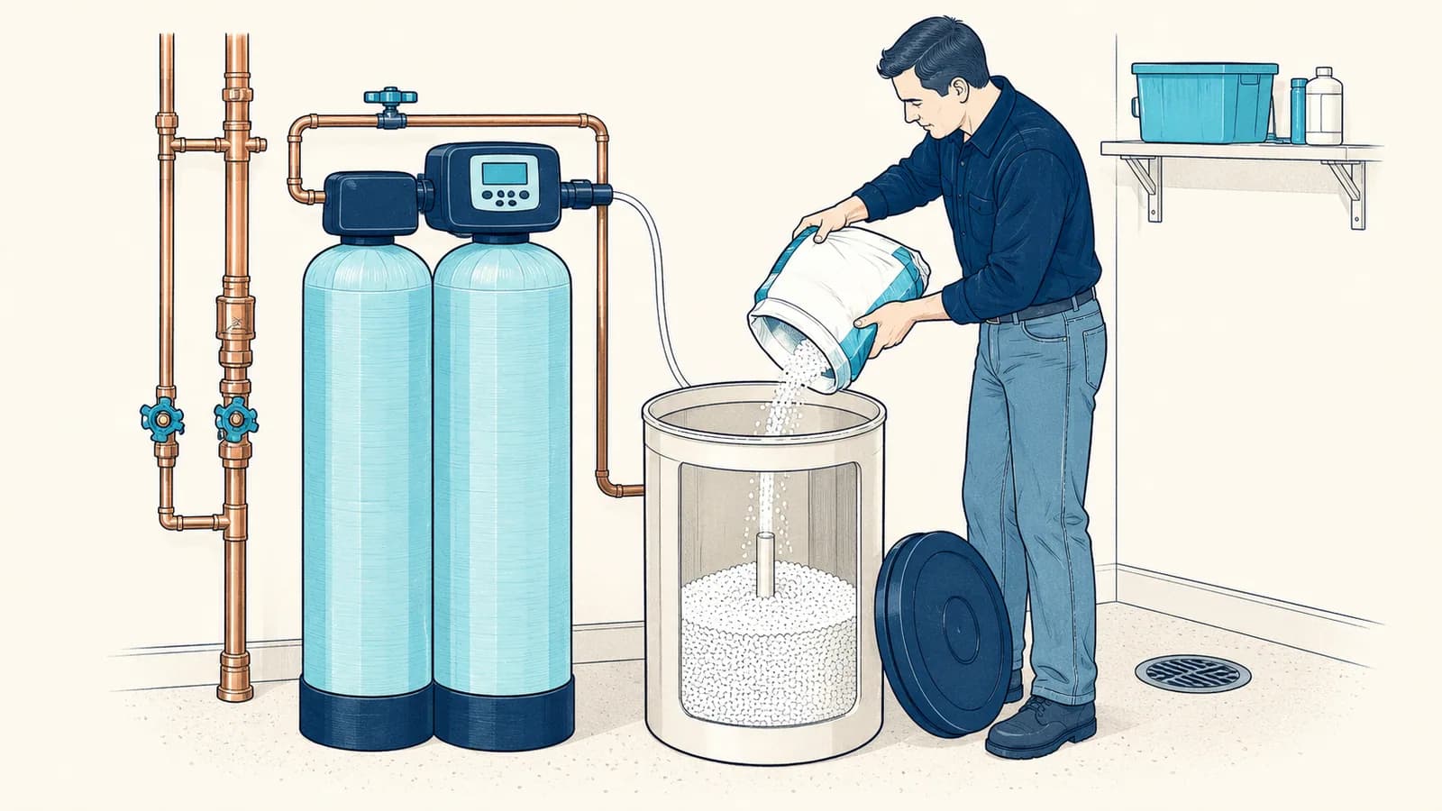 A homeowner pouring a bag of salt into the brine tank of a water softener, lid set aside