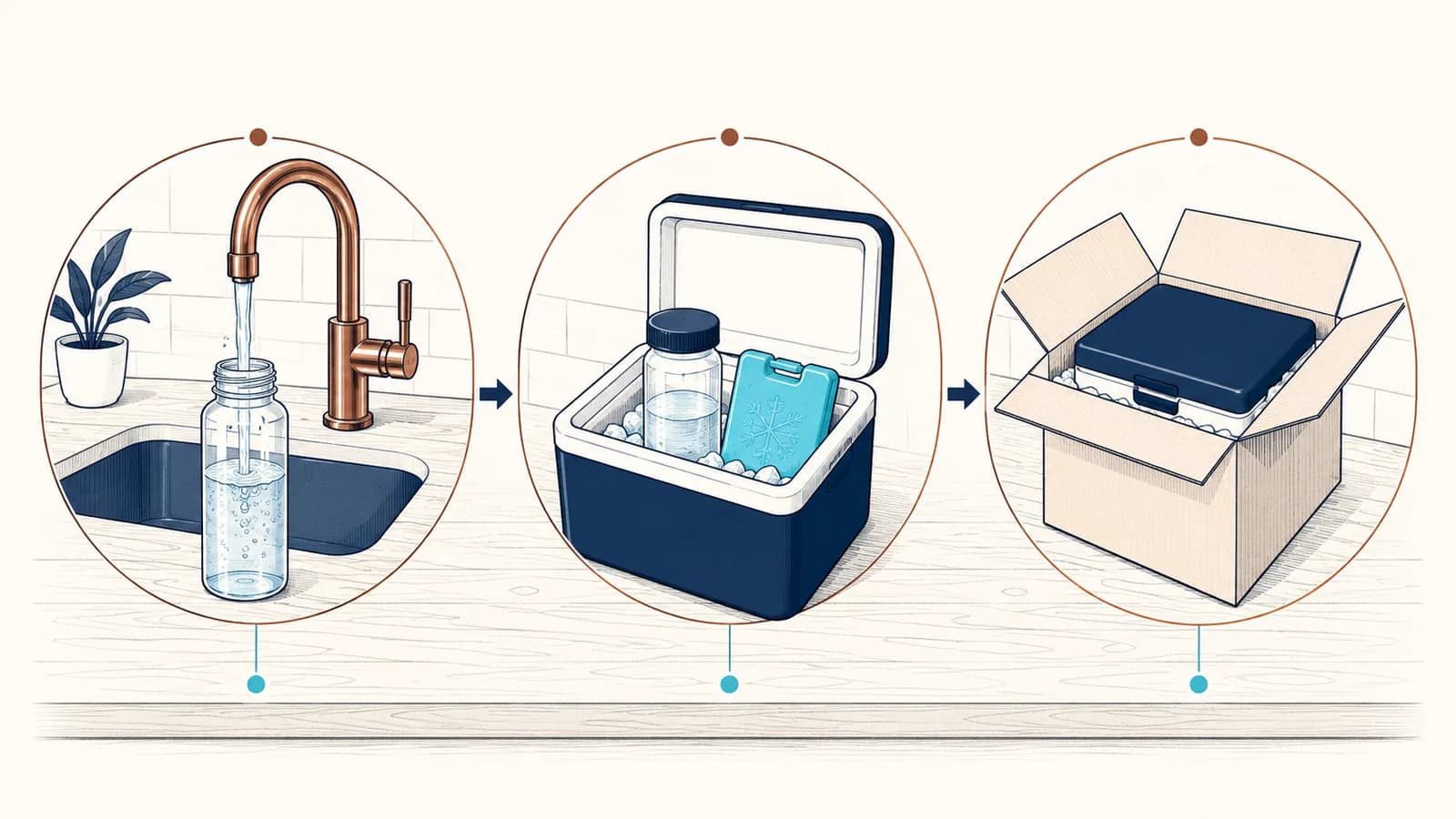 Three steps of a well water lab sample: filling the bottle at the tap, chilling it in a cooler, packing it for shipping