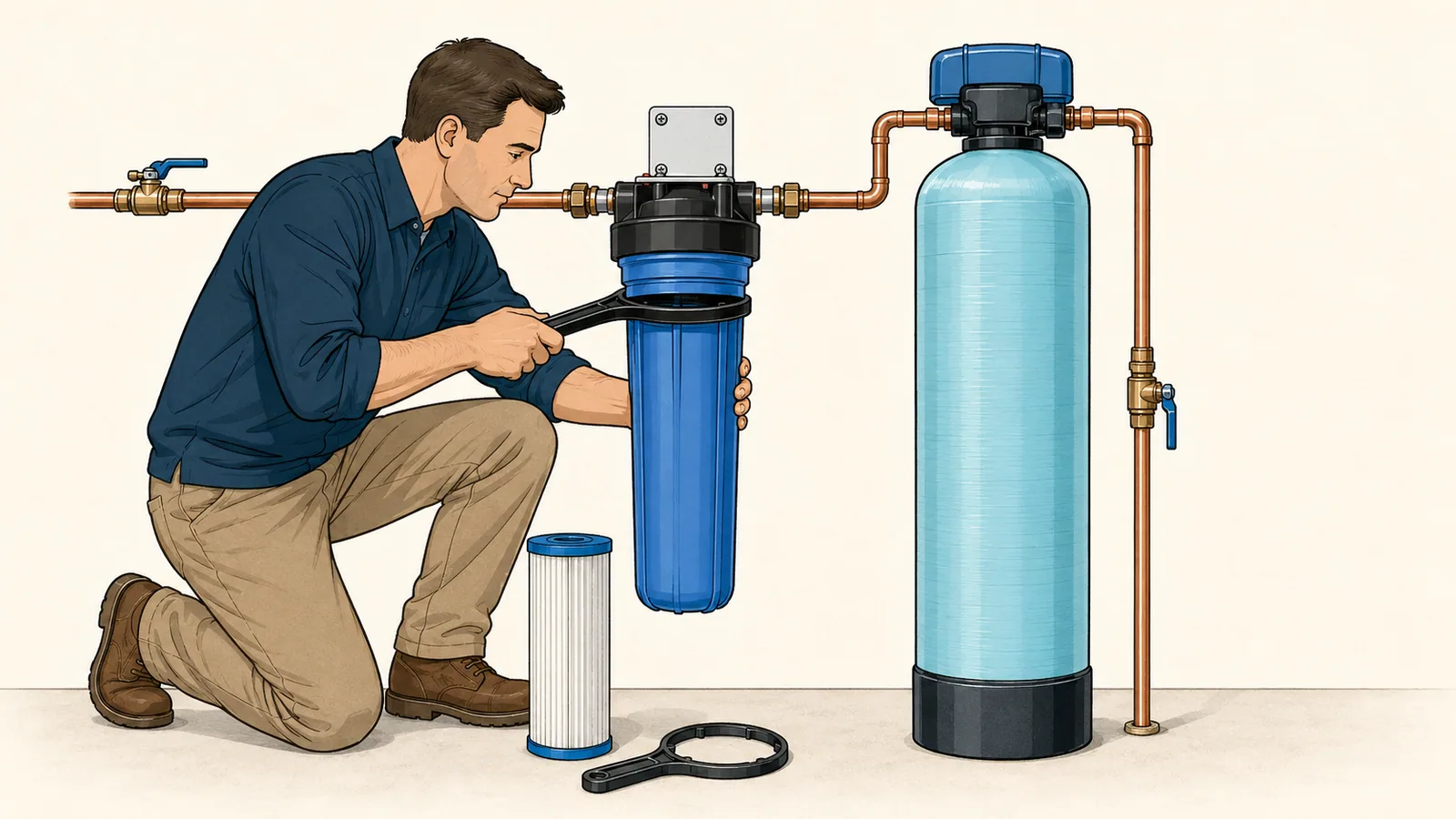 A homeowner opening a cartridge filter housing with a wrench, next to a tank-style filter that needs no opening