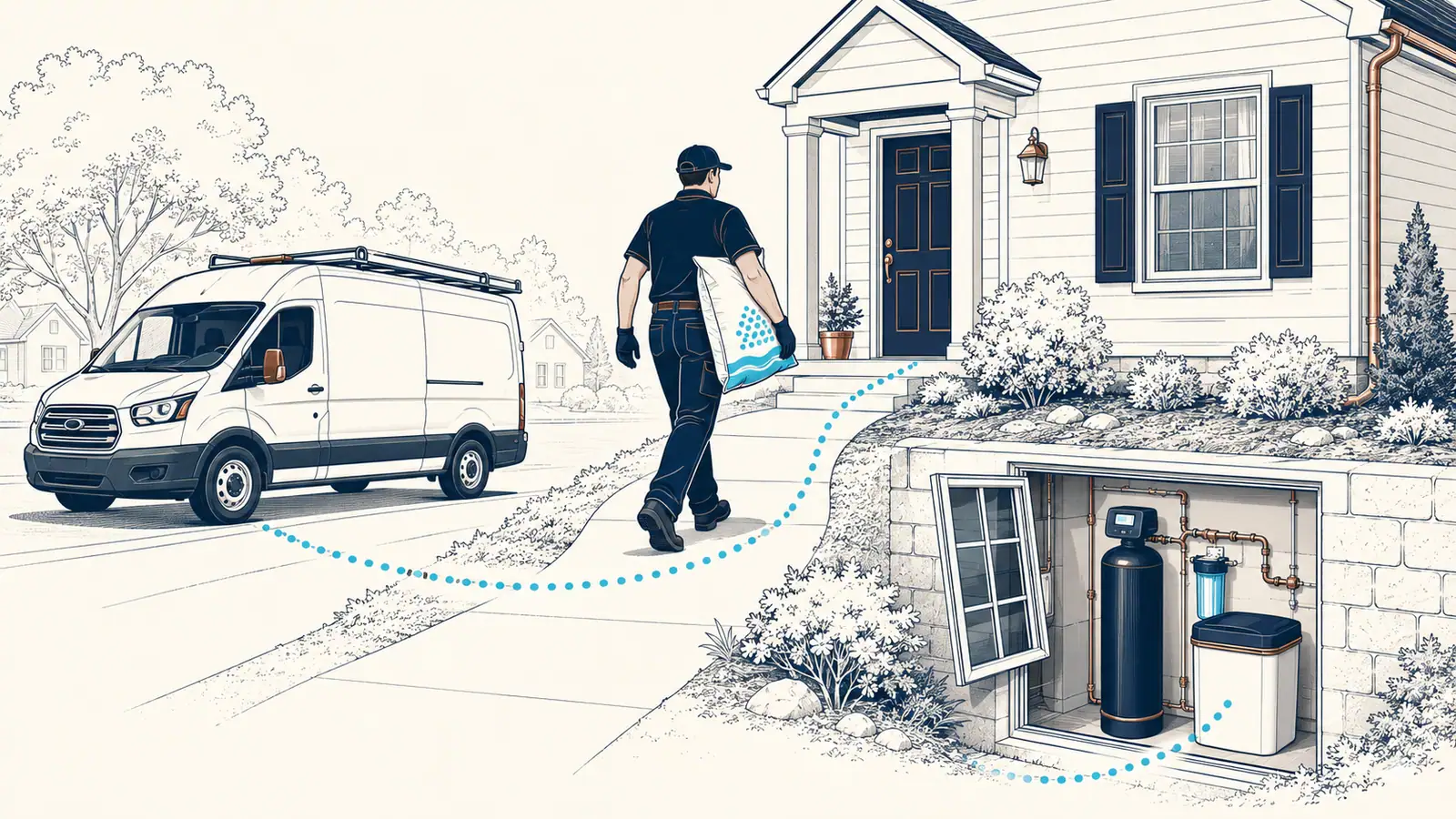A service van, a technician carrying salt to a house, and the softener in the basement, linked by a route line