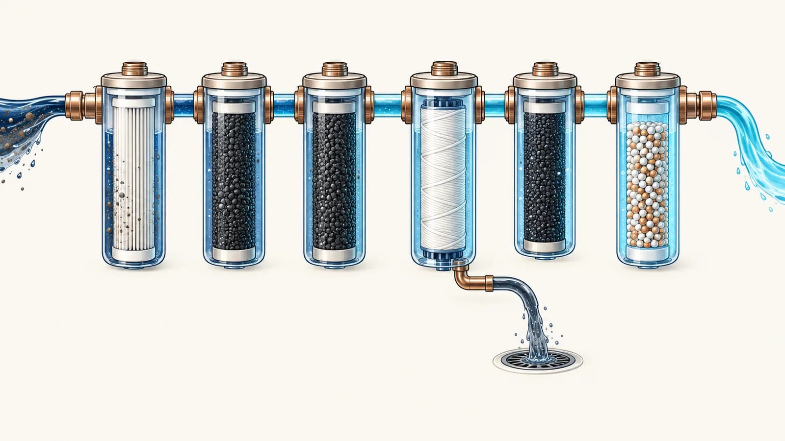 Six filter stages in a row, from a sediment cartridge through carbon and a membrane to a final mineral cartridge, with reject water leaving the membrane