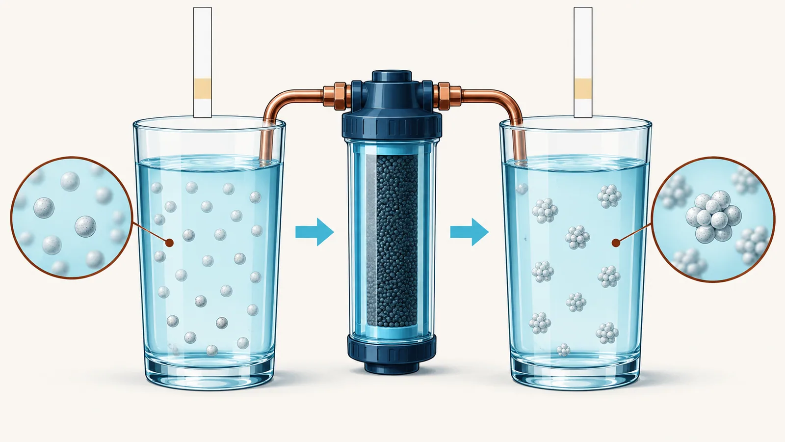 Two glasses with the same amount of minerals before and after a salt free cartridge, the minerals clustered into tiny crystals after it and both test strips showing the same color