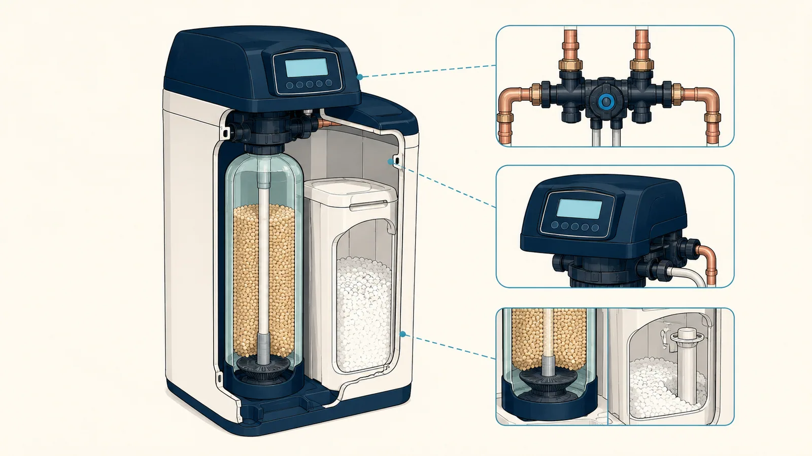 Cutaway of a compact cabinet softener: resin tank inside the salt cabinet, control head on top, bypass at the back