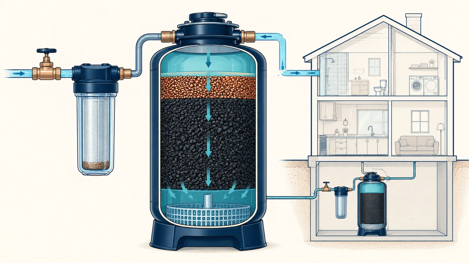 Cutaway of a whole house carbon filter tank with a copper-colored layer over a deep carbon bed and a pre-filter beside it