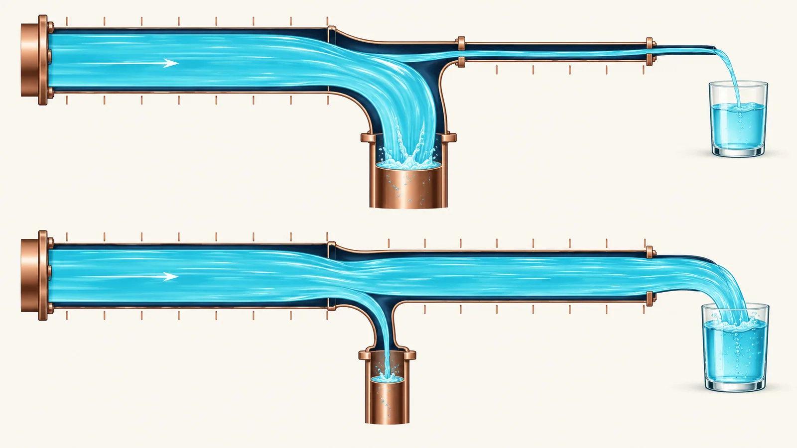 Two flow channels compared: one sending most of the water to a drain, the other sending most of it onward to a glass