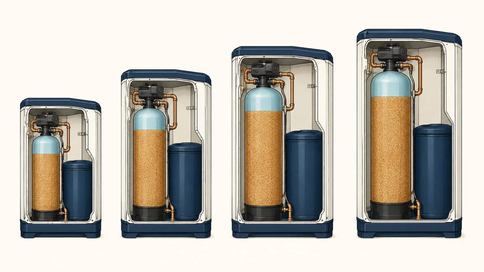 Four cabinet water softeners in a row, each larger than the last, with progressively bigger resin tanks visible inside
