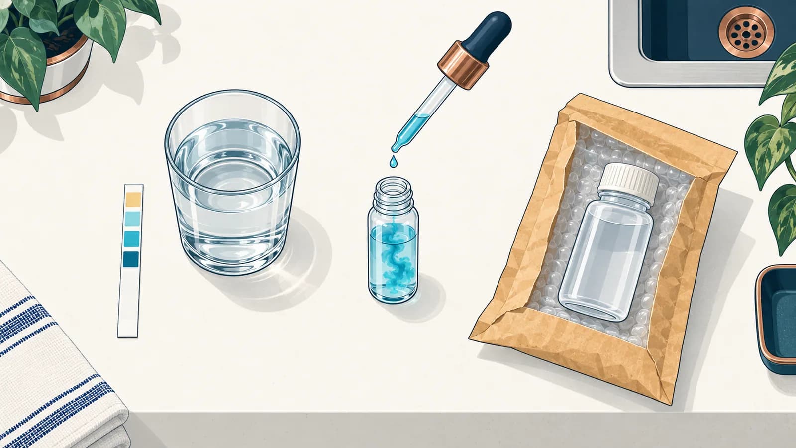 Three ways to test hardness on a counter: a dip strip, a titration vial with a dropper and a sample bottle packed for a lab