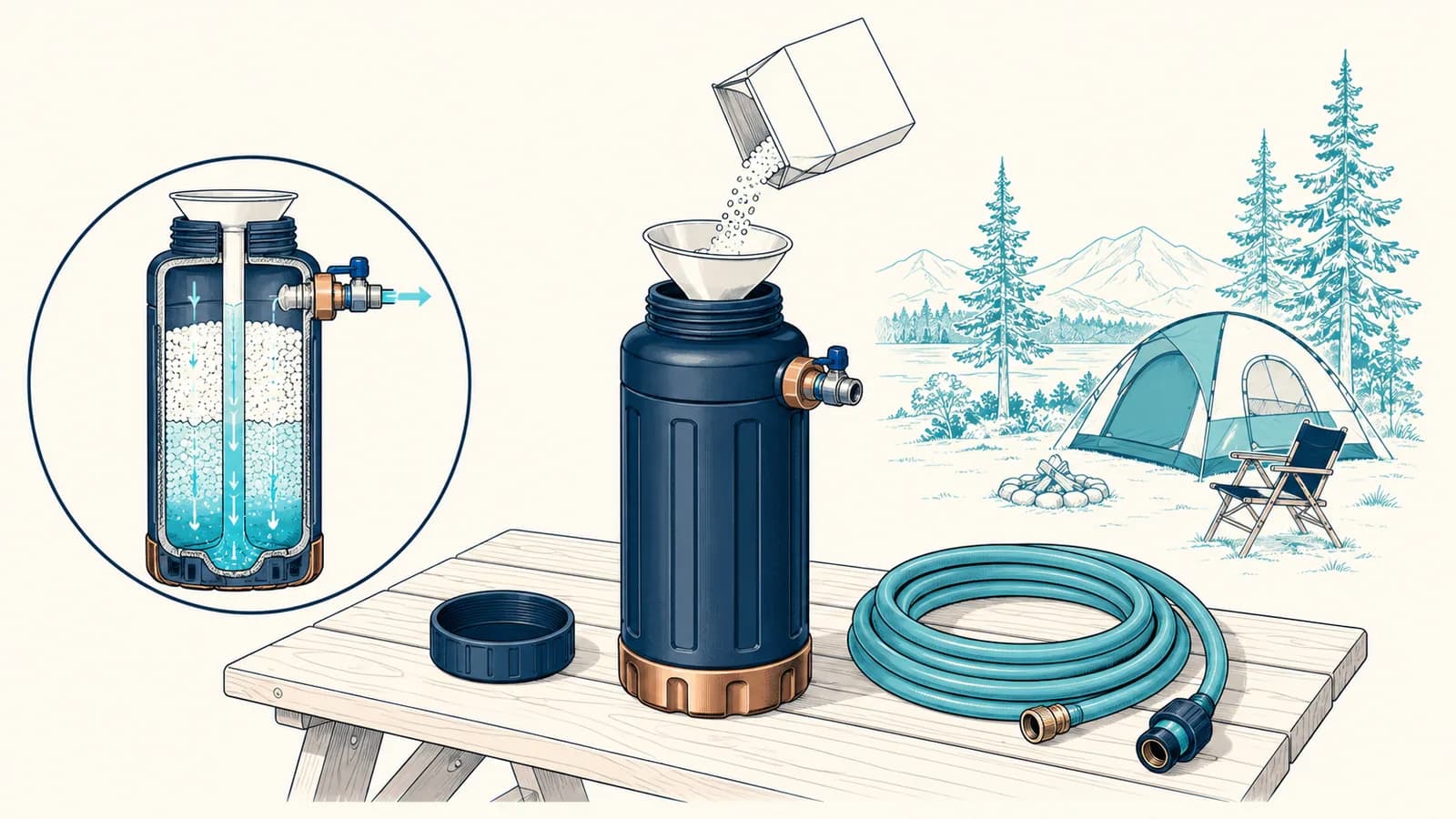 A portable softener on a picnic table with salt being poured through a funnel into its top and a hose beside it
