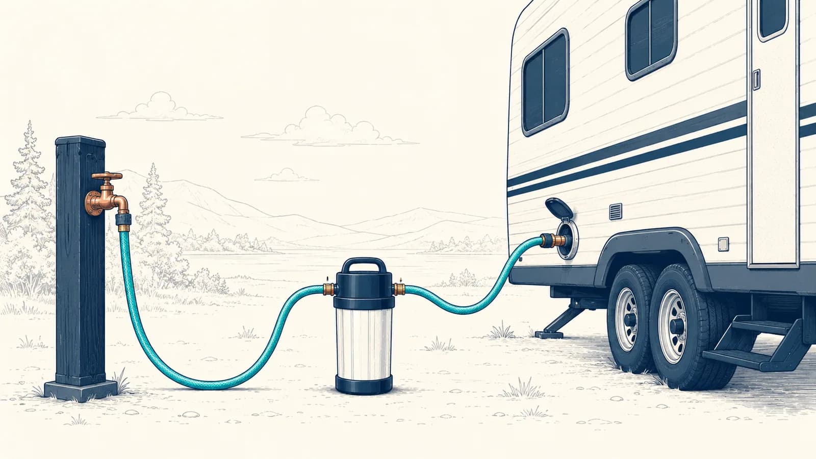 A portable water softener canister connected by hoses between a campground spigot and a travel trailer's water inlet