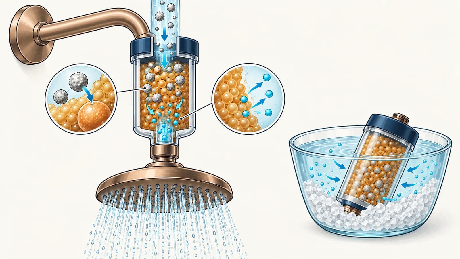 A shower mounted resin chamber capturing hardness minerals, with a spare cartridge recharging in a bowl of salt water