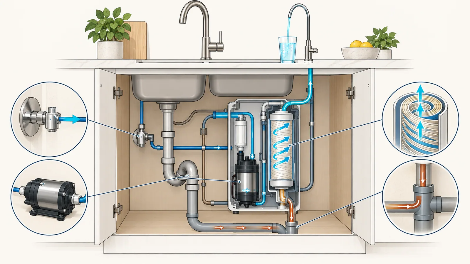 Cutaway of a tankless reverse osmosis unit under a sink, with a pump feeding the membrane, clean water rising to the faucet and reject water going to the drain