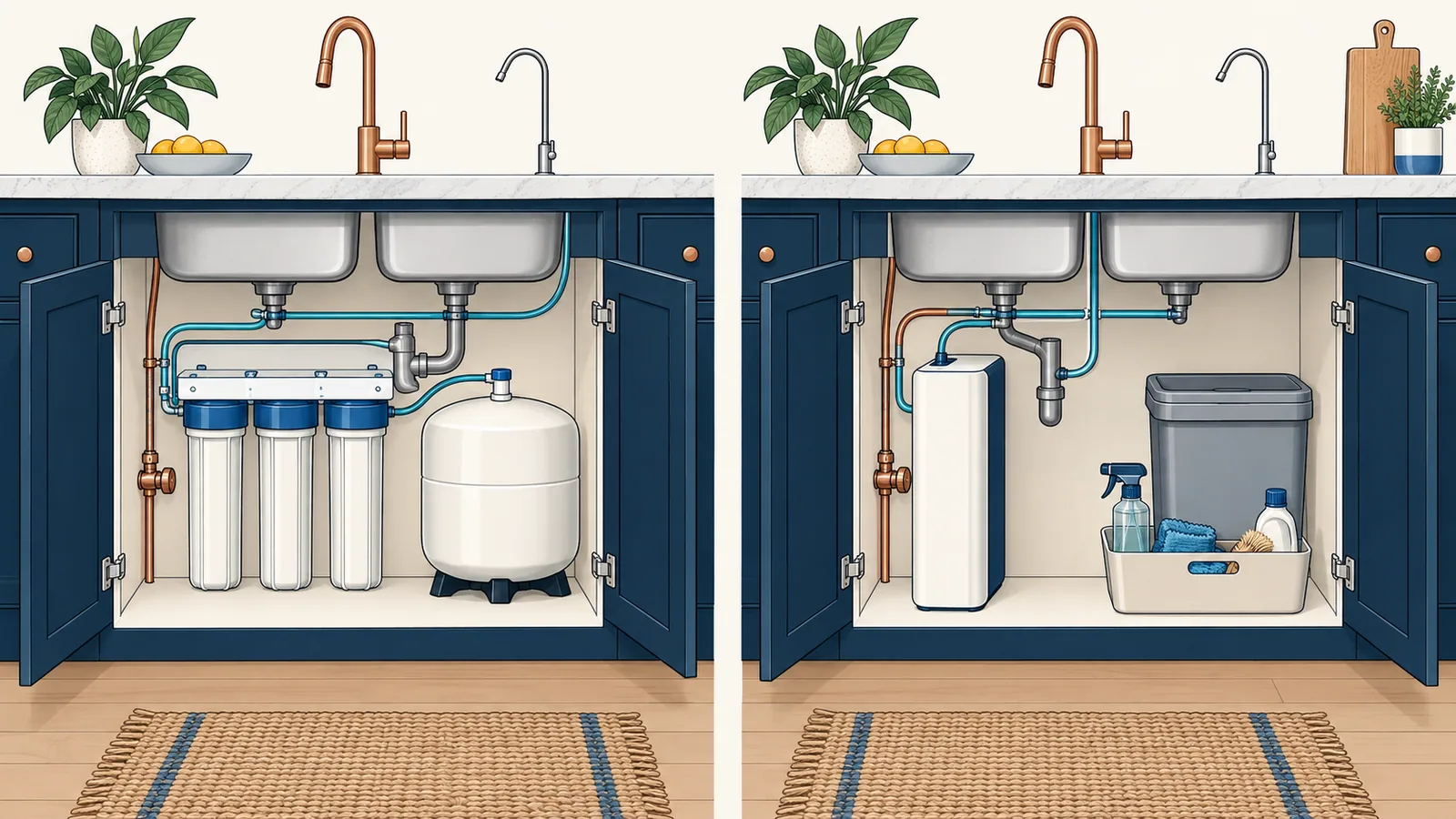 Two open sink cabinets compared, one crowded by filter housings and a storage tank, the other holding a single slim tankless unit with room to spare