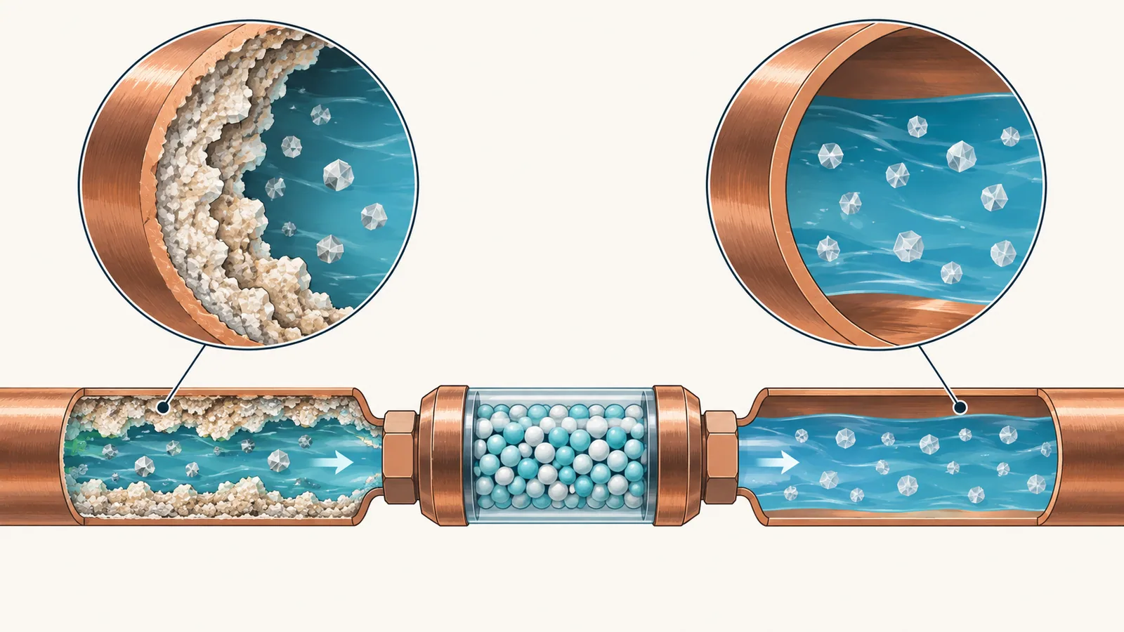 Two magnified pipe interiors, one coated with scale and one where minerals travel as tiny loose crystals after a conditioner bed