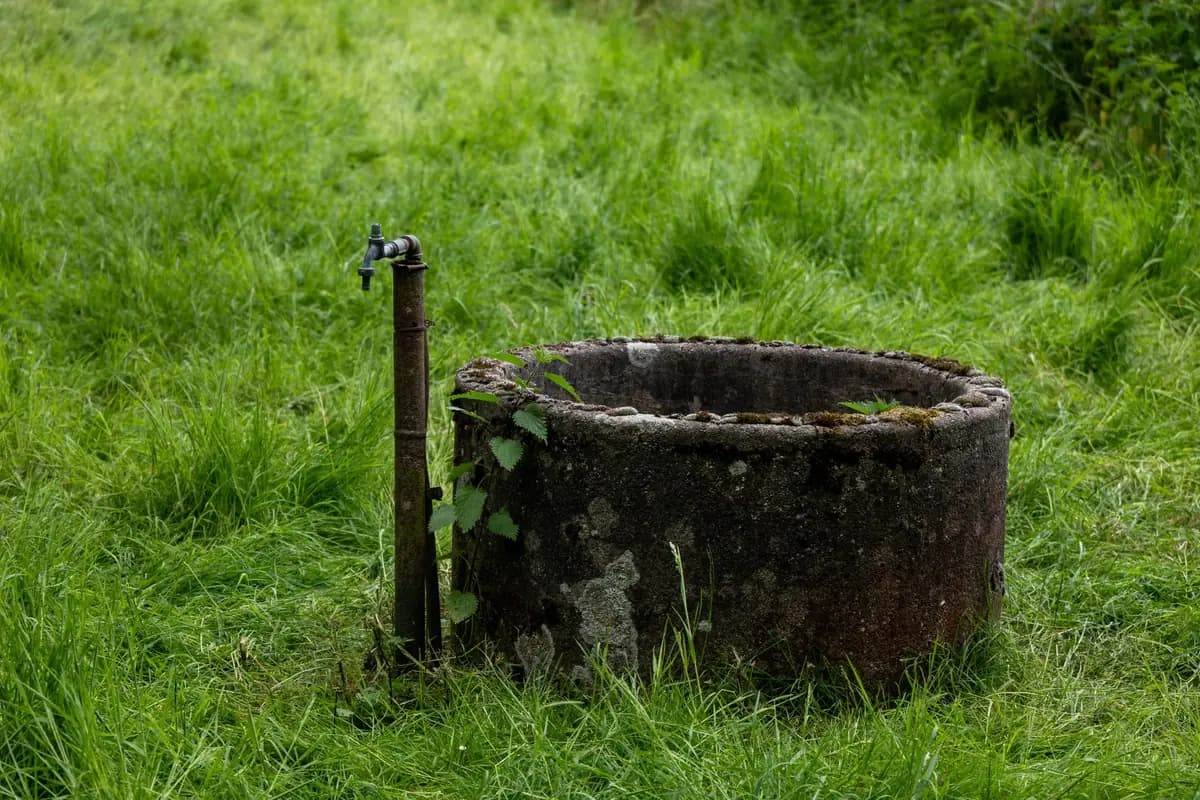 An old stone well with a metal tap standing in a green meadow
