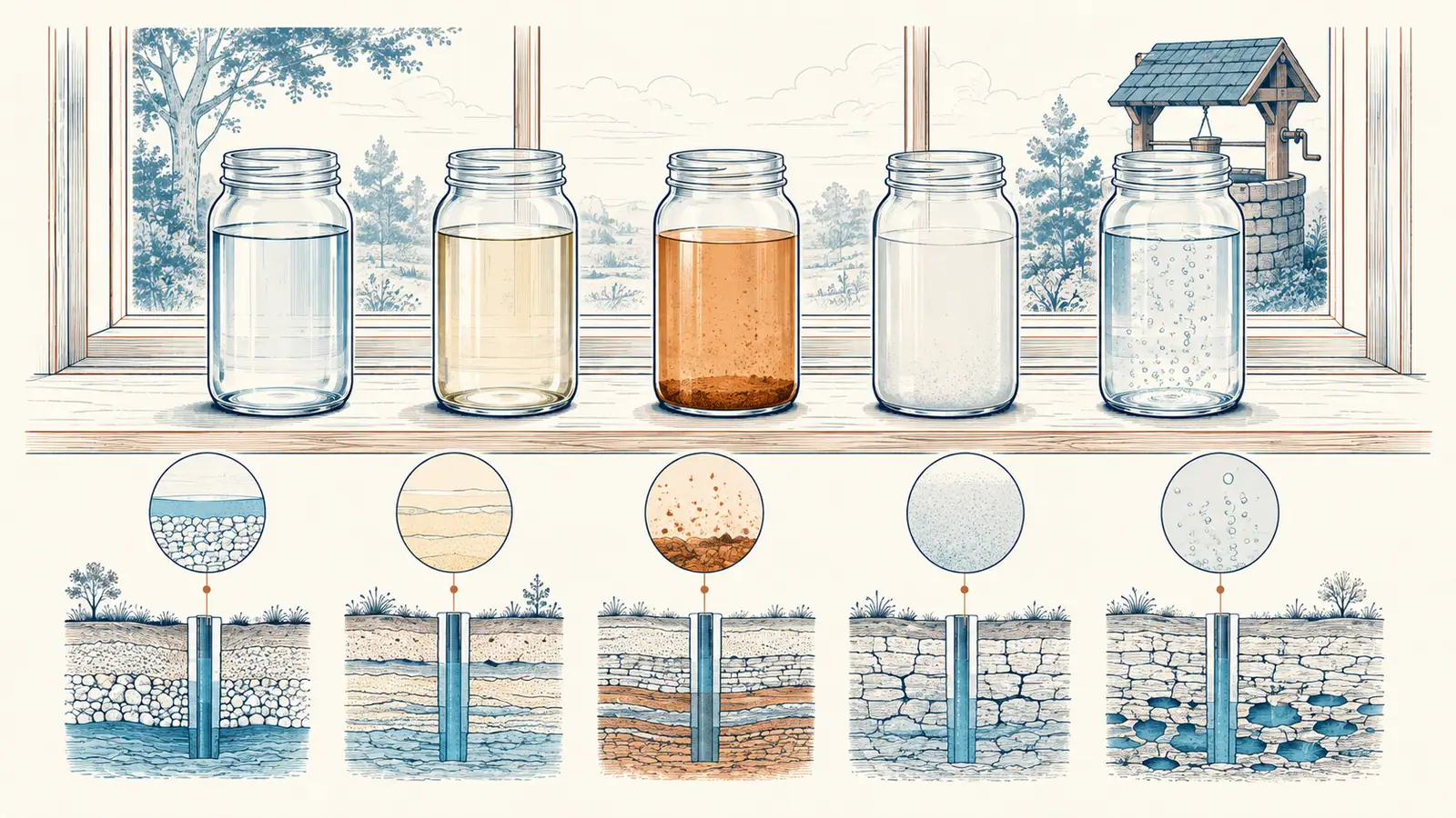 Five jars of well water on a windowsill, from clear to yellow, orange with sediment, cloudy, and bubbling