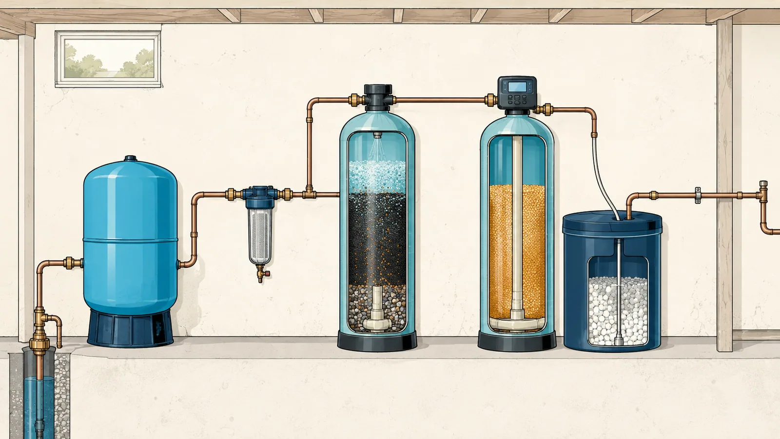 Basement elevation of a well water treatment train: pressure tank, sediment filter, iron filter, then softener and brine tank, in that order