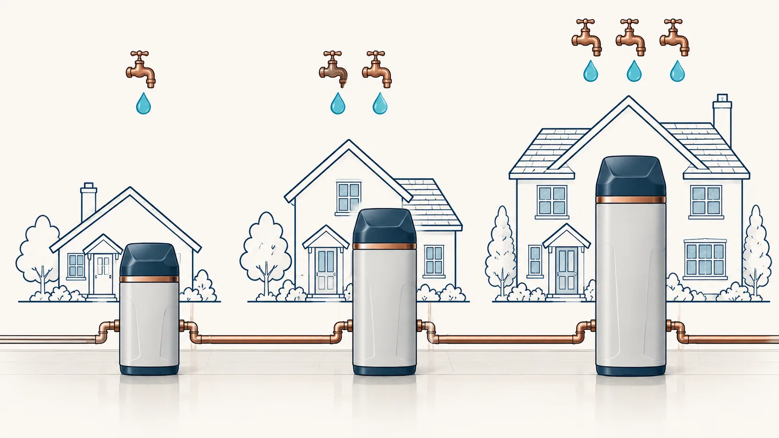 Three cabinet water softeners of increasing size, each paired with a house of matching size and water demand