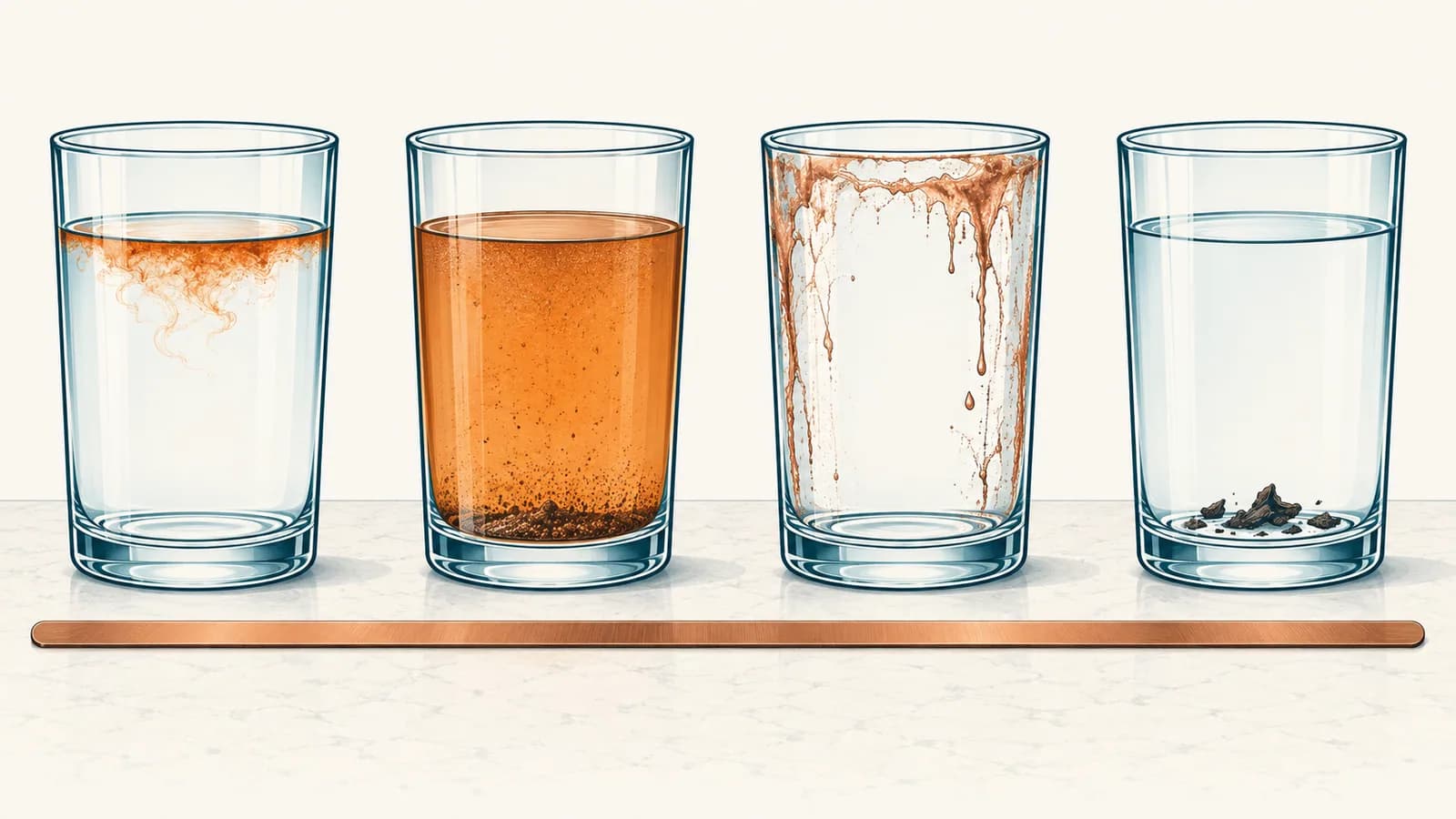 Four glasses of well water in a row: an orange haze forming at the top, orange throughout, a reddish film on the glass, and dark flakes on the bottom